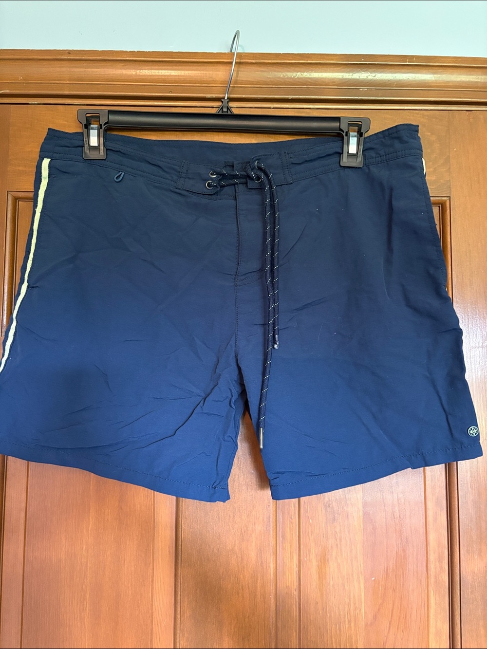 Pull&Bear Men's Navy Swim Trunks with Green Side Stripe - Size 34